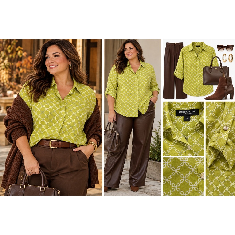 Jones New York Womens 2X Chartreuse Geometric Button Blouse Quiet Luxury